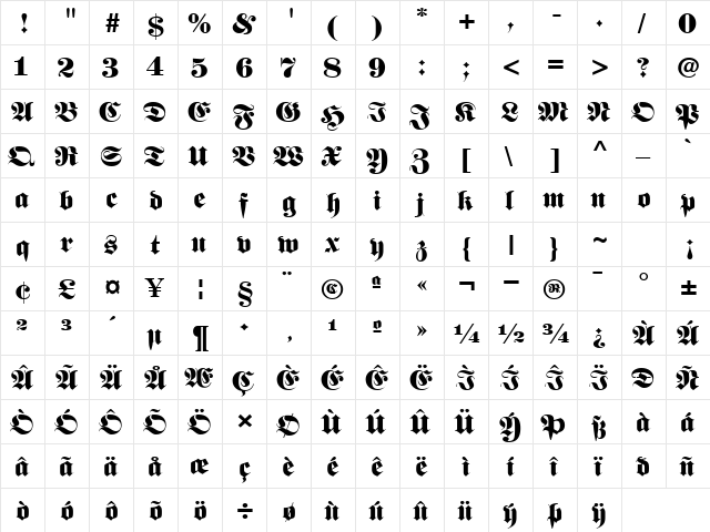 Berliner Regular  glyph index