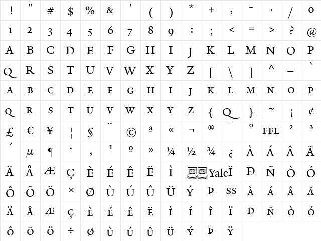 YaleSmallCap Regular  glyph index