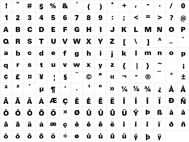 Utah MT Black Regular  glyph index