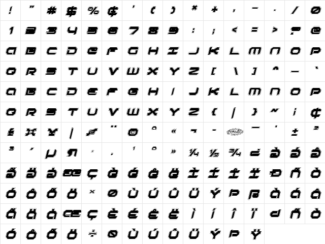 Robotaur Academy Italic Italic  glyph index