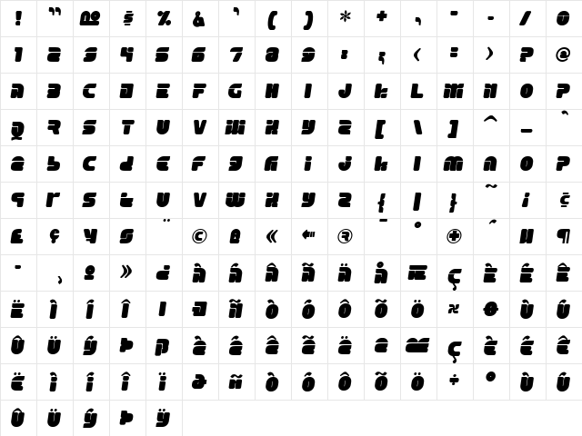 Eraser Regular  glyph index