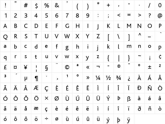 PTBliss Regular  glyph index