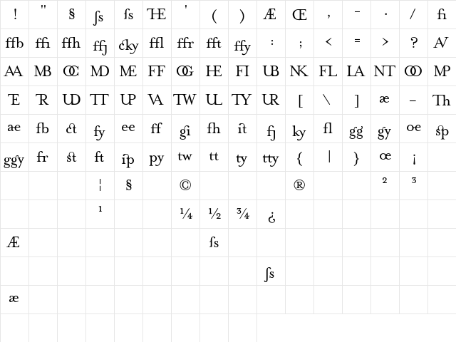MrsEavesJustLig Regular  glyph index