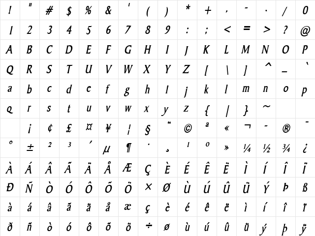 Barrett-Condensed Bold Italic  glyph index