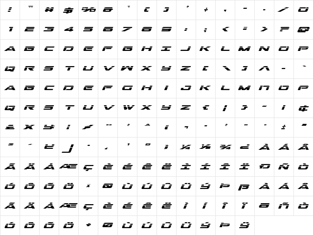 Outrider Laser Bold Italic Bold Italic  glyph index