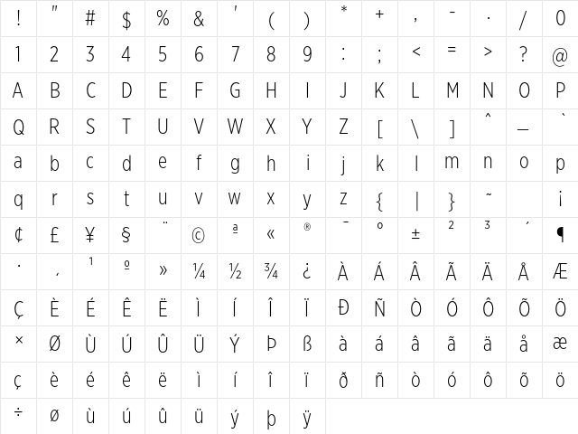 Gotham XNarrow Light  glyph index