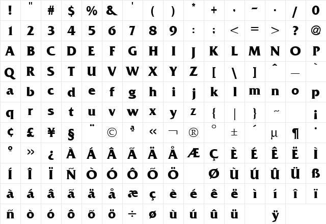 Friz Bold  glyph index