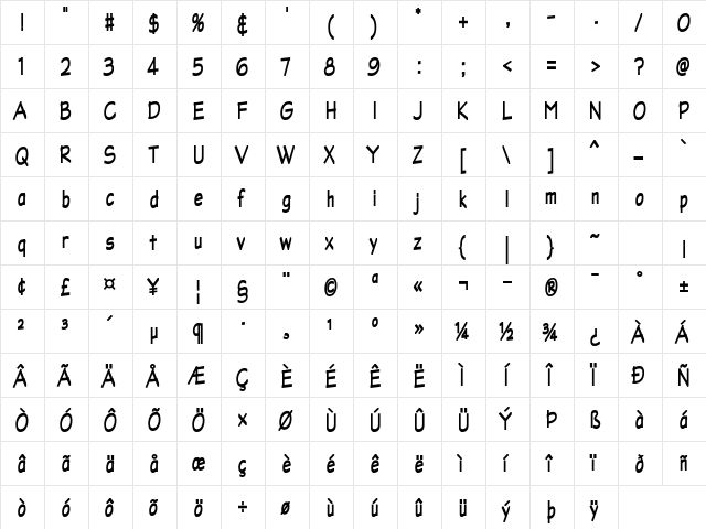 LincoyaScriptSSK Bold  glyph index