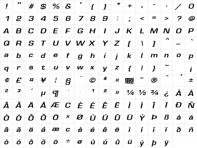 Eurose Bold Italic  glyph index