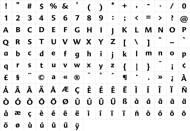 Advert-Bold Regular  glyph index