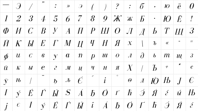Ekaterina Regular  glyph index