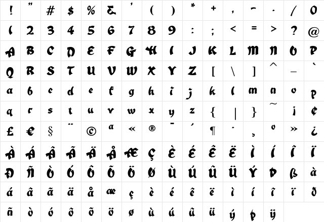 EasternStarJF Regular  glyph index