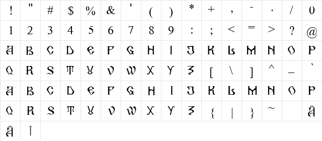 Arhaic Romanesc Regular  glyph index