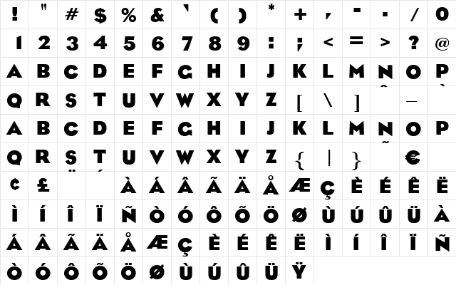 MilanBold Regular  glyph index