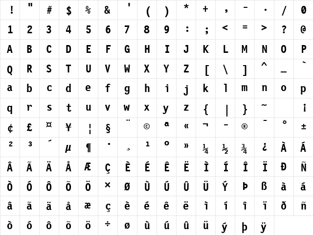 LetterGothic12Pitch Bold Strike Bold  glyph index