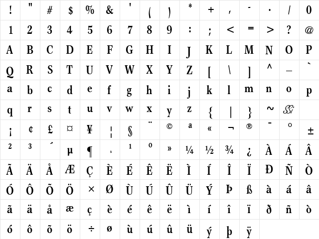 Axiomatic Condensed SSi Bold Condensed  glyph index