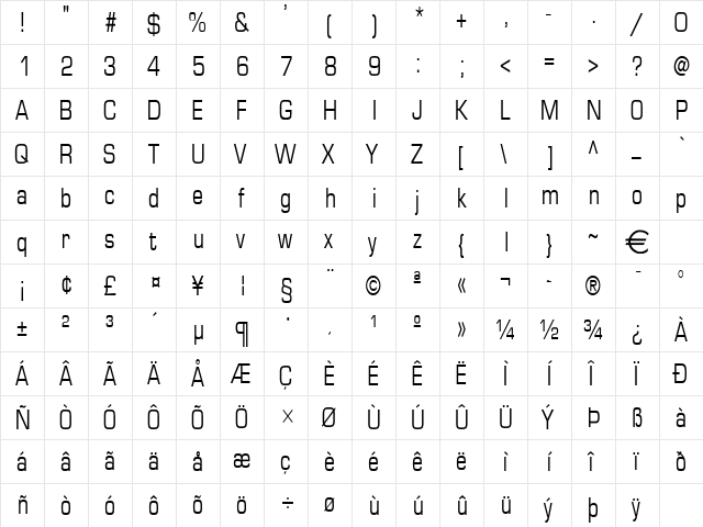 EurasiaCondensed Normal  glyph index