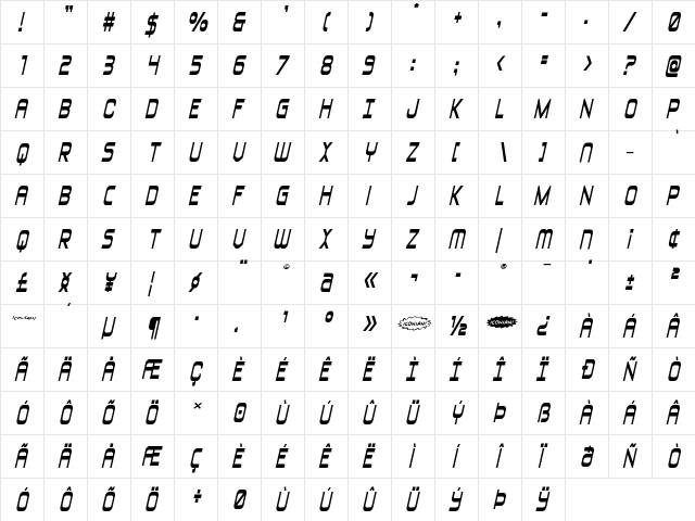Blizzard Shaft Expanded SemiIt Regular  glyph index