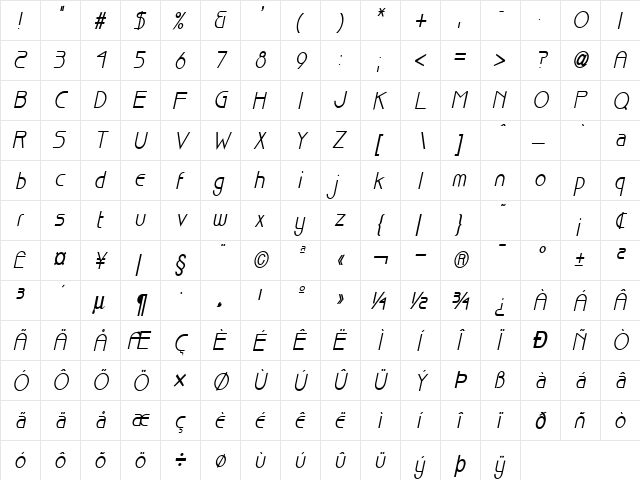 Basque-Condensed Bold Italic  glyph index