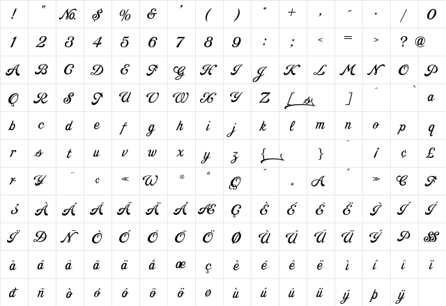 LHF Goldsmith Script Regular  glyph index