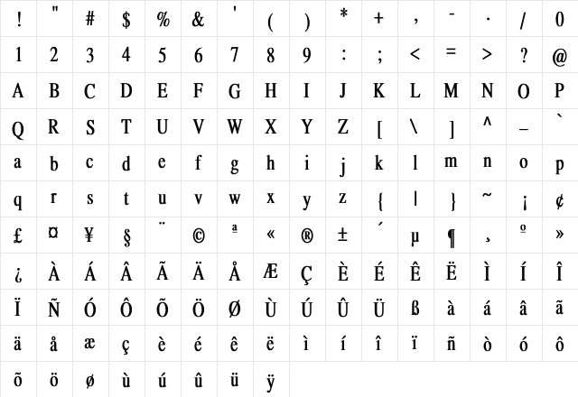 RSTempus Cn bold Bold  glyph index