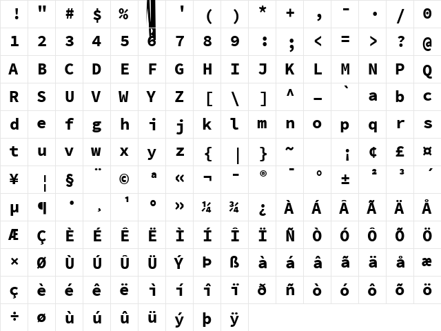 Source Code Pro Bold  glyph index