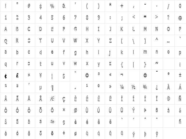 Boneribbon Tall Outline Regular  glyph index