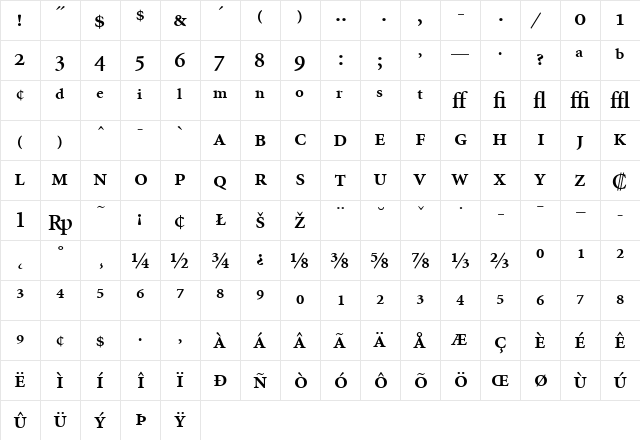 Minion Expert Bold  glyph index