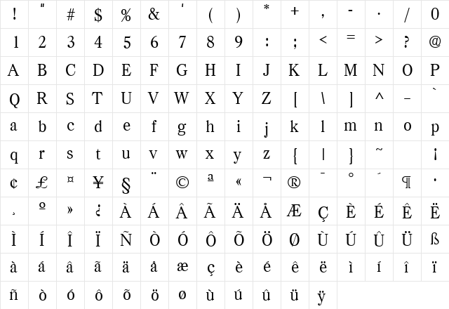 Casper Light SF Regular  glyph index