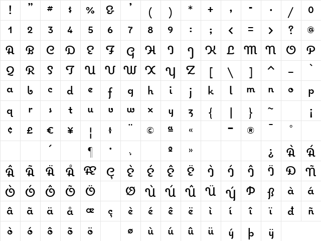 Coquette Bold Regular  glyph index