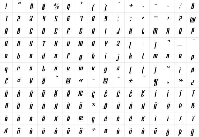 Red Steel Italic Regular  glyph index
