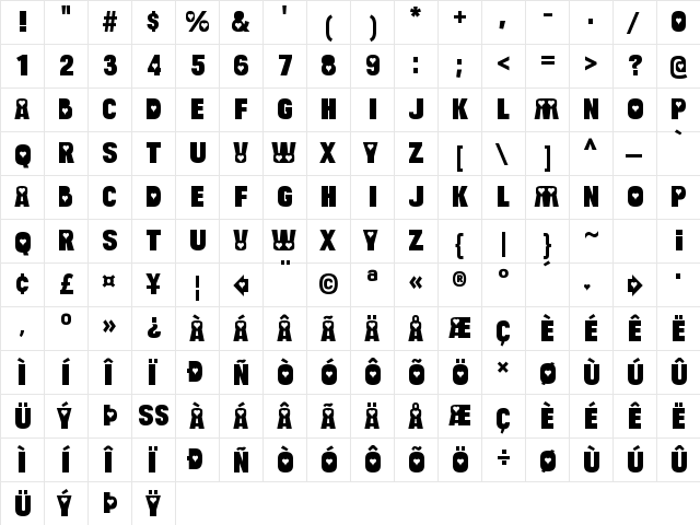 Bulltoad Love Regular  glyph index