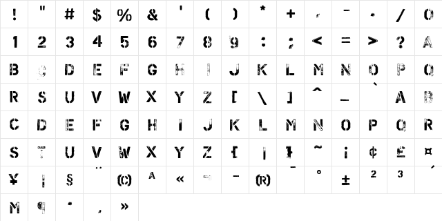 PF Stamps Pro Flex Regular  glyph index