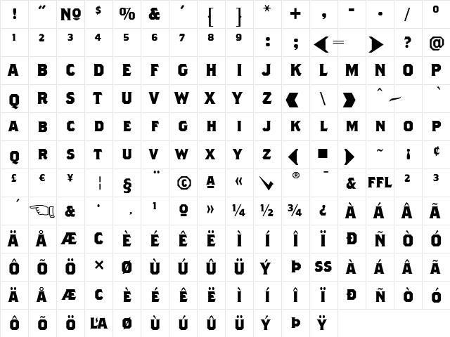 Brothers Bold  glyph index