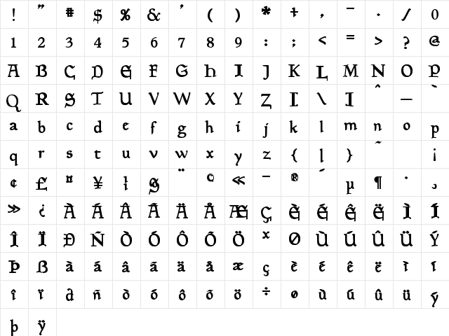 Planewalker Bold  glyph index