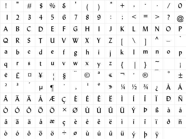 Lydian Regular  glyph index
