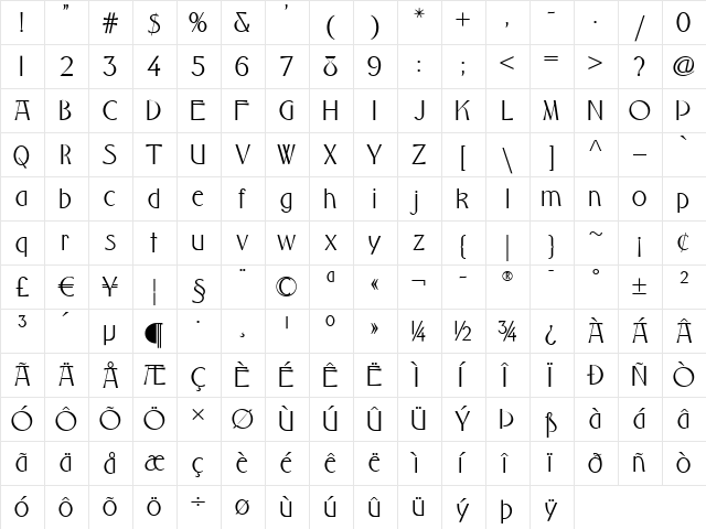 PonteVecchioNF Regular  glyph index
