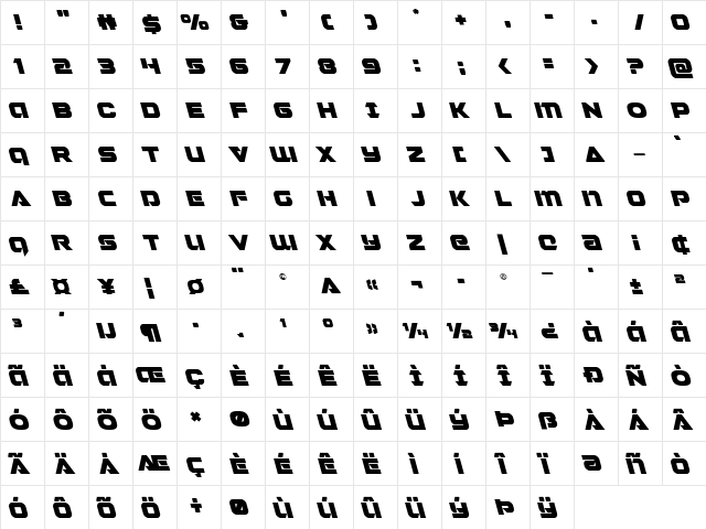 Jeebra Leftalic Italic  glyph index