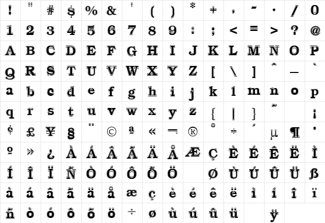 Bookman Contour Regular  glyph index