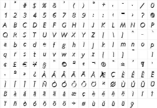 RogerBeckerShadow-Xlight Italic  glyph index