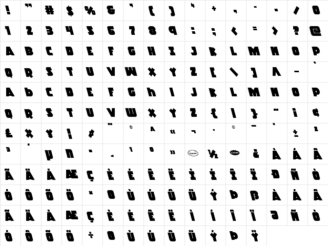 Racket Squad Leftalic Italic  glyph index