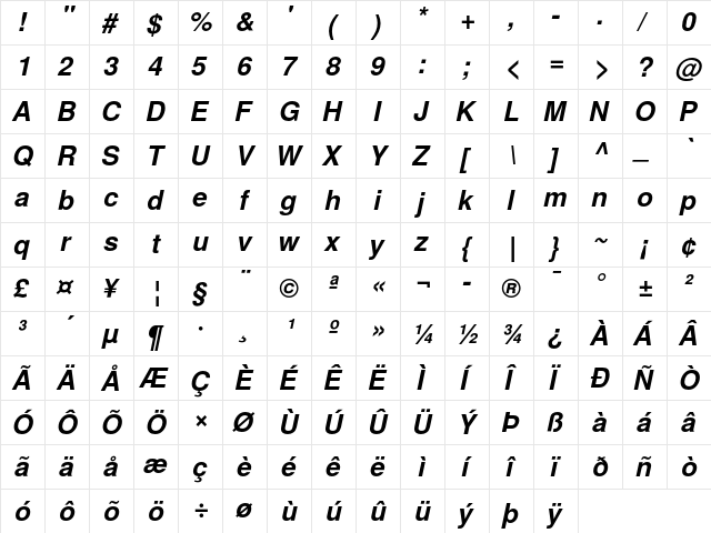 TeX Gyre Heros Bold Italic  glyph index