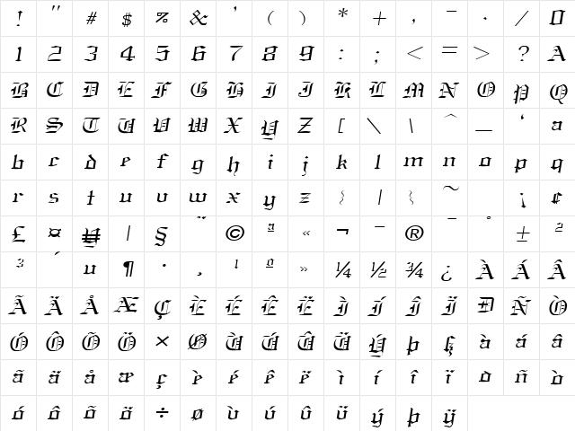 OldEnglish Oblique  glyph index