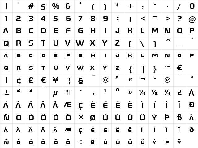 Space Bd BT Bold  glyph index