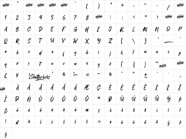 Shutterlocks Regular  glyph index