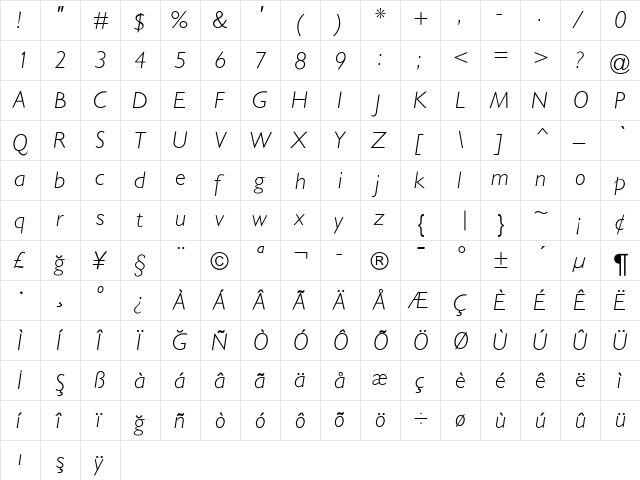 GillSansLightItalic Regular  glyph index