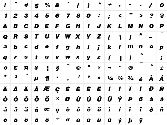 Nimbus Sans Becker DBla Italic  glyph index