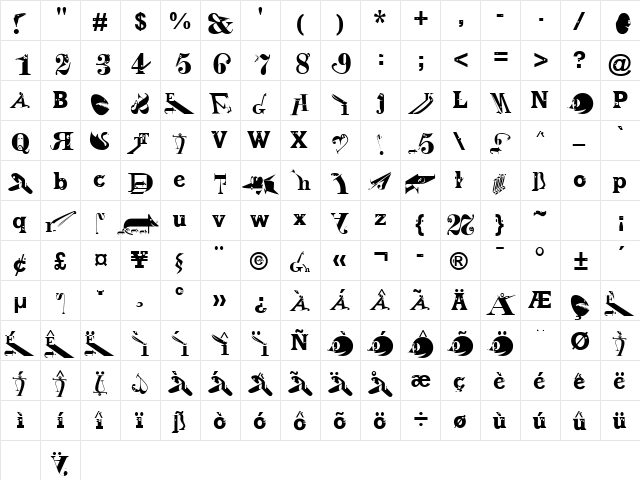 Zoography Regular  glyph index