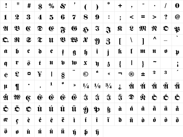 Frankenstein Regular  glyph index