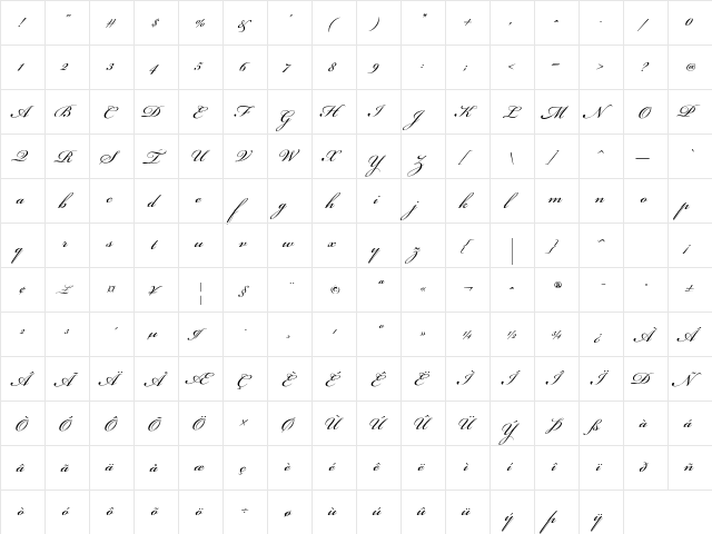 Bickham Script 400 Italic  glyph index
